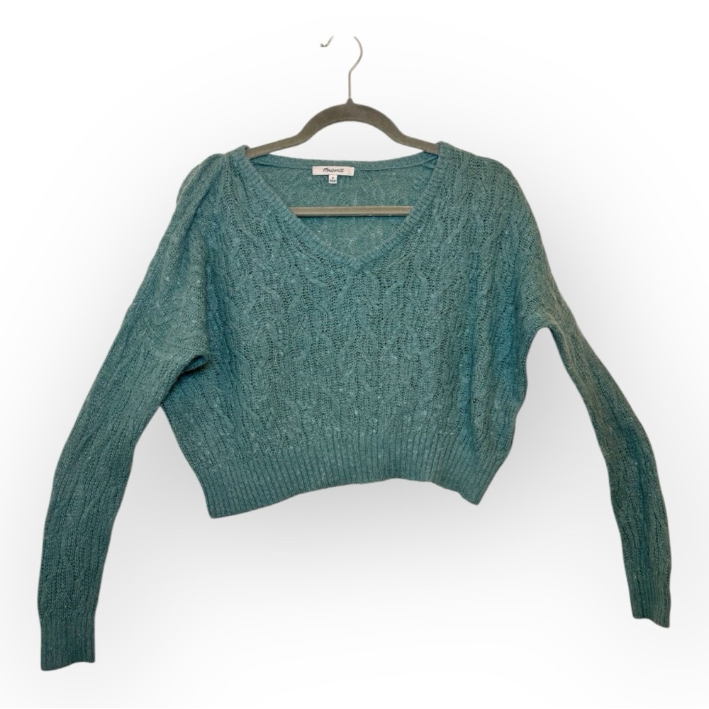 Madewell Teal Green Cropped Knit Sweater Preppy Clean Girl Medium